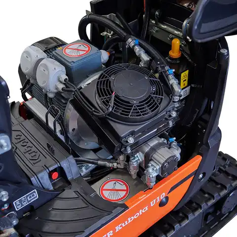 pelle électro HUTTER Kubota U10E, poids 1120 kg, Moteur électrique 9 kW, Train de chenilles pouvant s’élargir, Déport arrière nul, Vérin de flèche au dessus de la flèche, Servocommandes hydrauliques, Flexibles hydrauliques intégrés protégés, Interrupteur de 2ème vitesse, Capot moteur à ouverture totale pour une maintenance simple