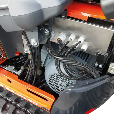 pelle électro HUTTER Kubota U17E, poids 1650 kg, Moteur électrique 11 kW, Train de chenilles pouvant s’élargir, Déport arrière nul