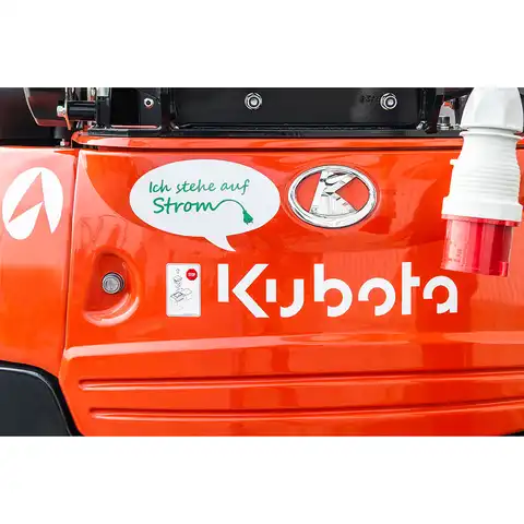 pelle électro HUTTER Kubota U17E, poids 1650 kg, Moteur électrique 11 kW, Train de chenilles pouvant s’élargir, Déport arrière nul, Vérin de flèche au-dessus de la flèche, Interrupteur de 2ème vitesse, Flexibles hydrauliques intégrés protégés, Siège confortable, Place pour les jambes