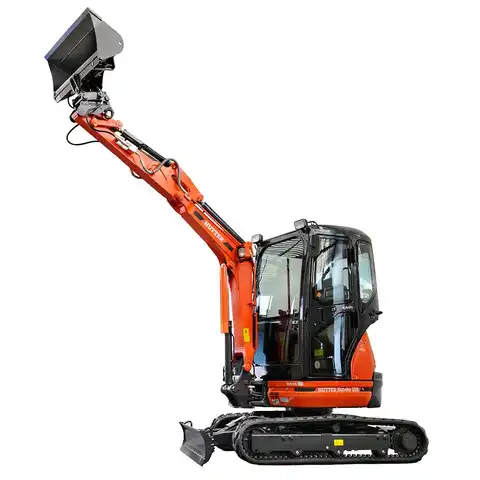 Kleinbagger HUTTER Kubota U20, Kurzheck, Raupenbagger, 2.2 Tonnen Gewicht, 19 PS Motorleistung, mit ausgestrecktem Baggerarm, mit Löffel